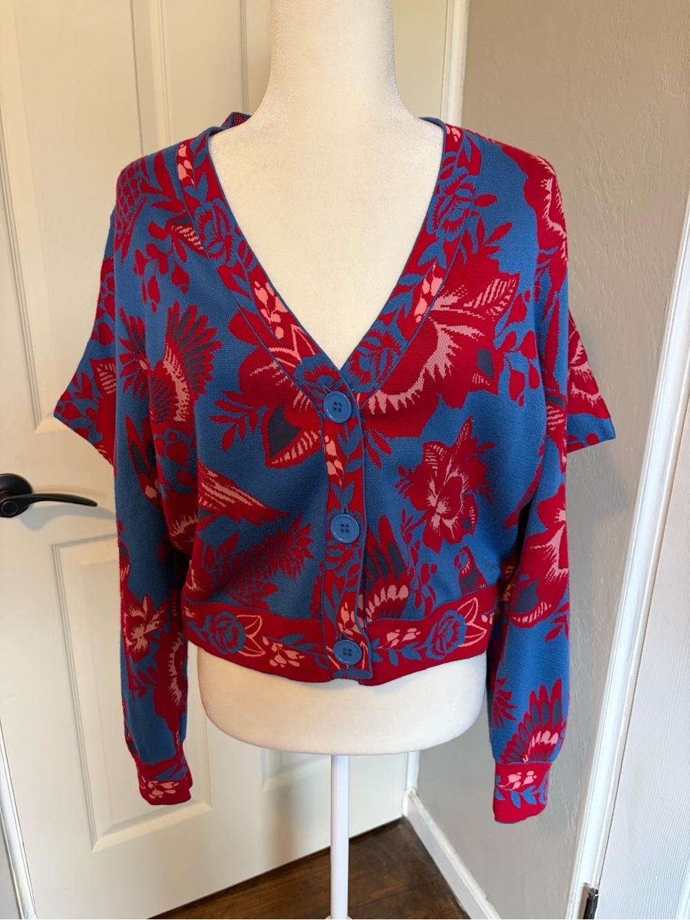 FARM Rio Lace Garden Knit Blue and Red Floral V-Neck Cardigan Sweater - Picture 3 of 6